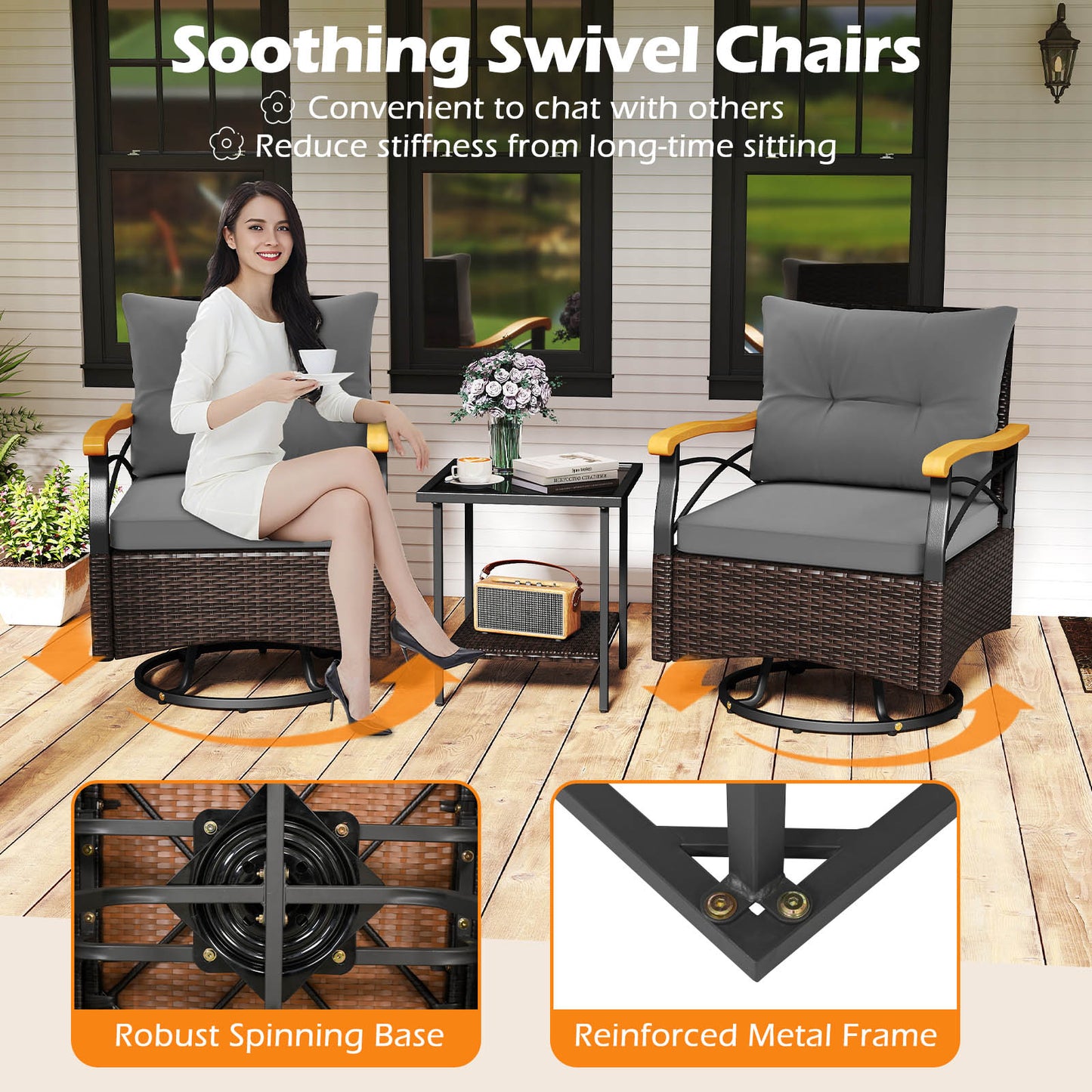 3-Piece Swivel Patio Conversation Set with Glass Side Table