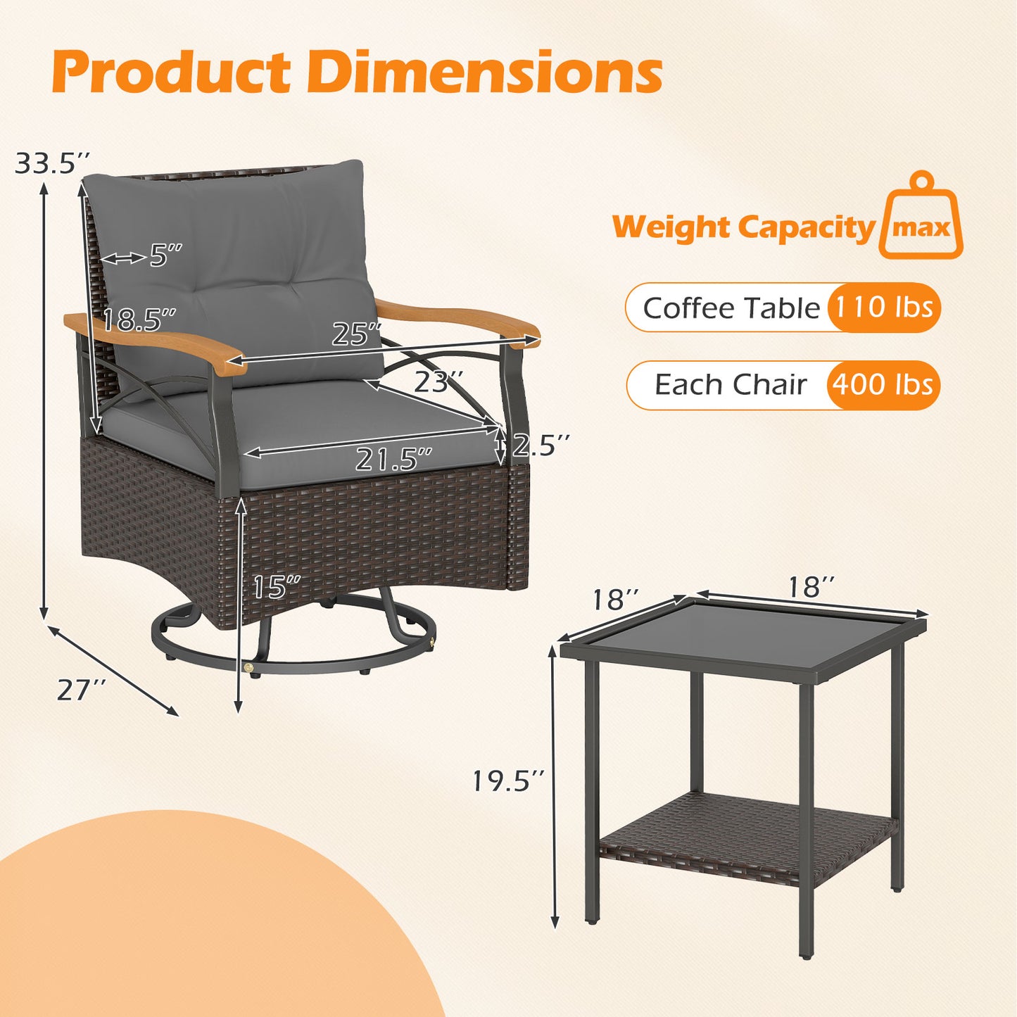 3-Piece Swivel Patio Conversation Set with Glass Side Table