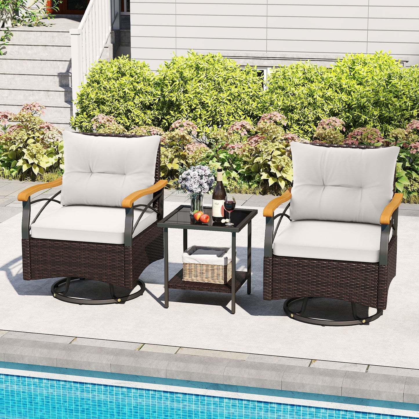 3-Piece Swivel Patio Conversation Set with Glass Side Table