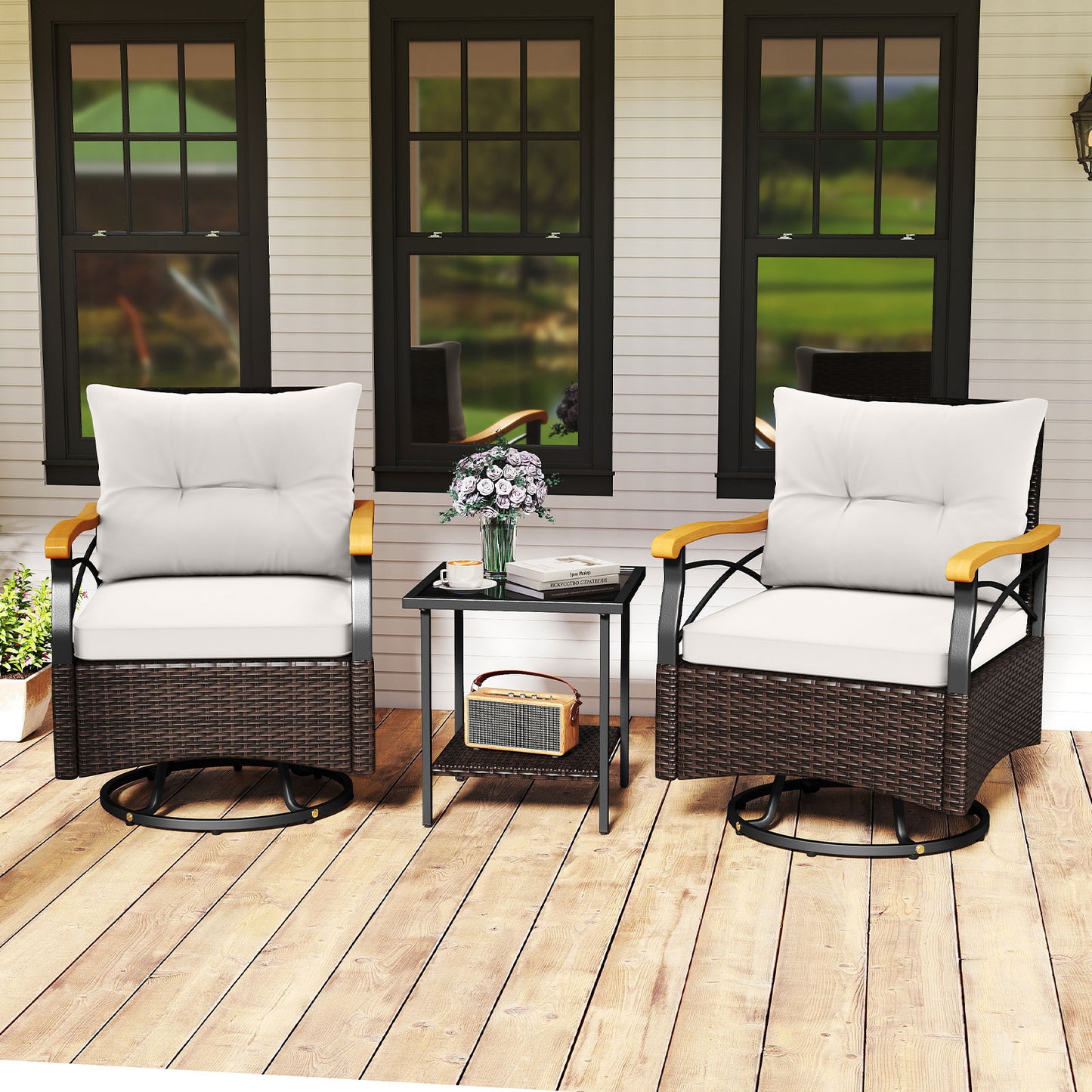 3-Piece Swivel Patio Conversation Set with Glass Side Table