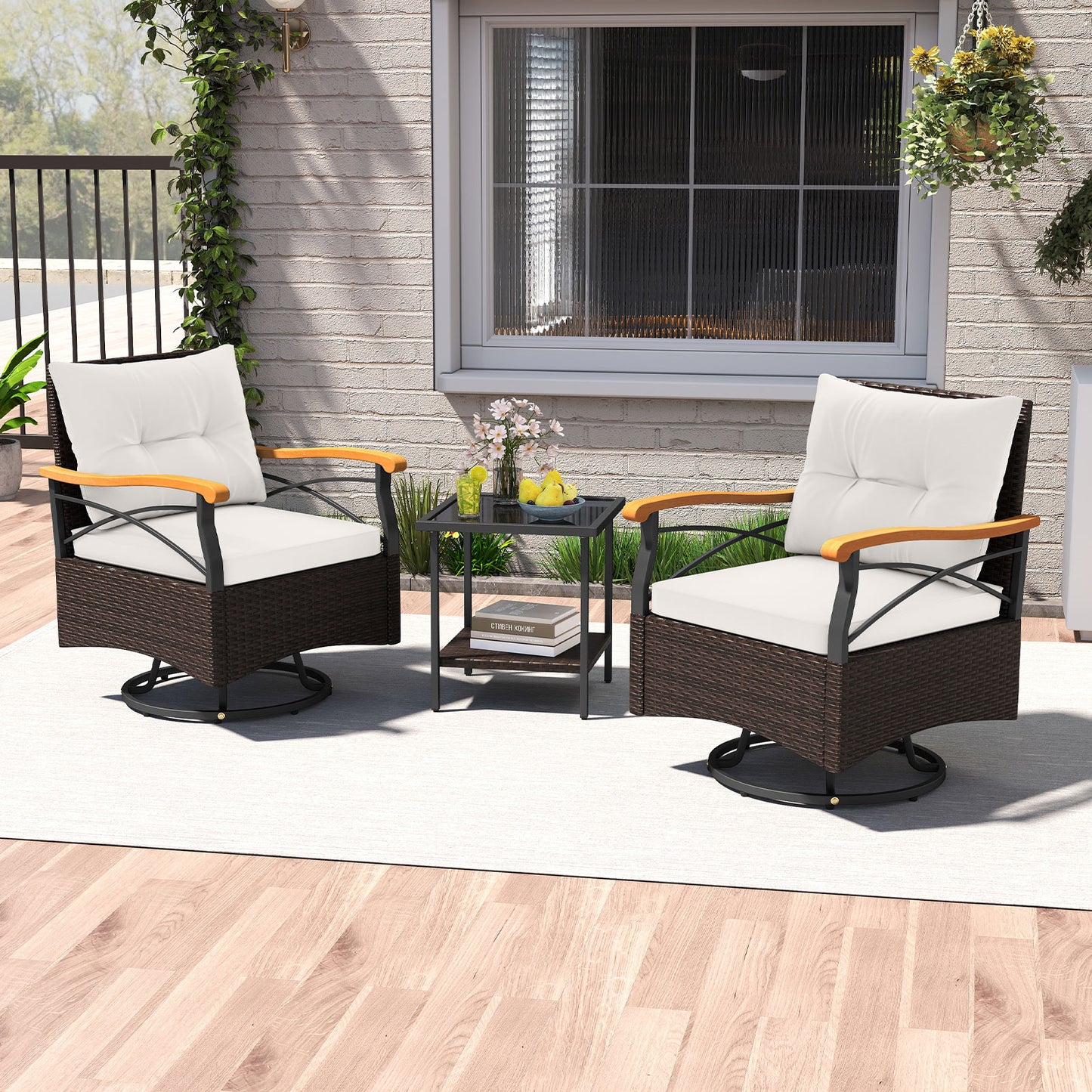 3-Piece Swivel Patio Conversation Set with Glass Side Table