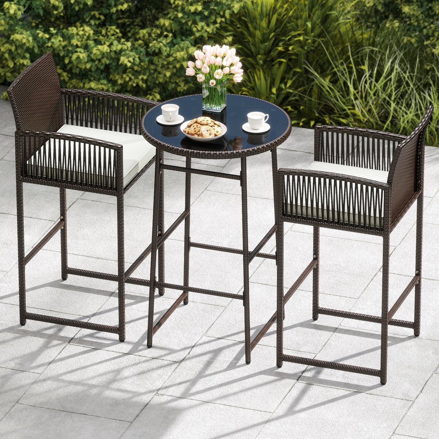 3-Piece Outdoor Patio Bar Set with Wicker Table & Armchairs