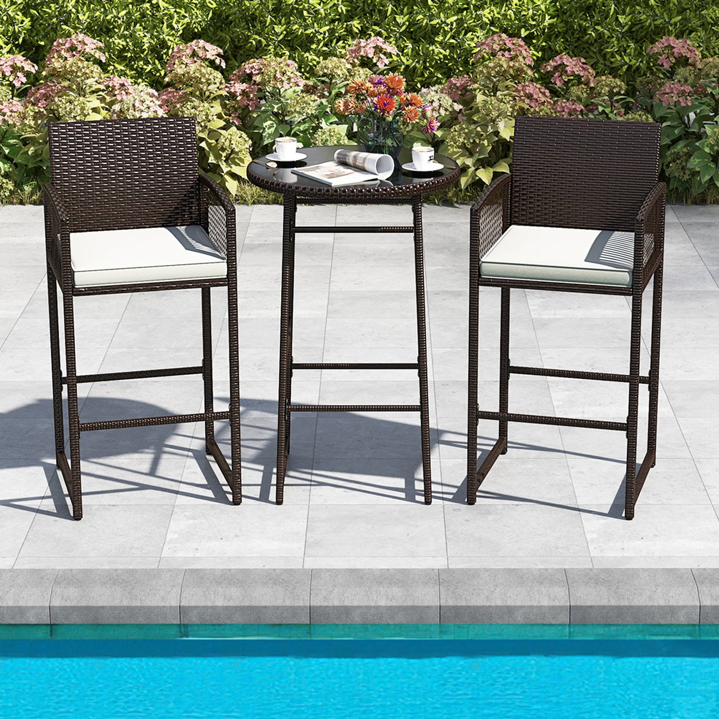 3-Piece Outdoor Patio Bar Set with Wicker Table & Armchairs