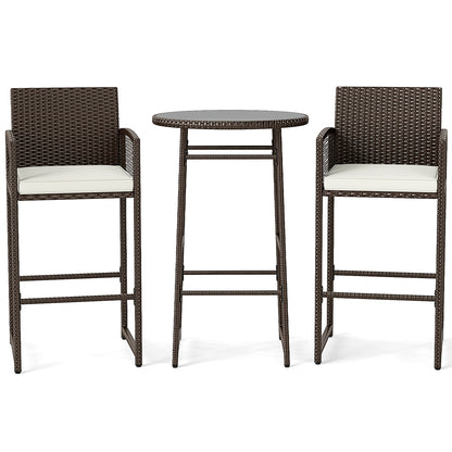 3-Piece Outdoor Patio Bar Set with Wicker Table & Armchairs