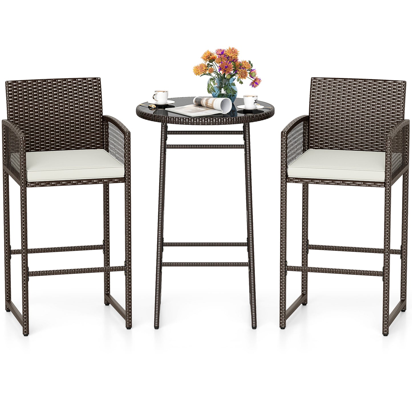 3-Piece Outdoor Patio Bar Set with Wicker Table & Armchairs