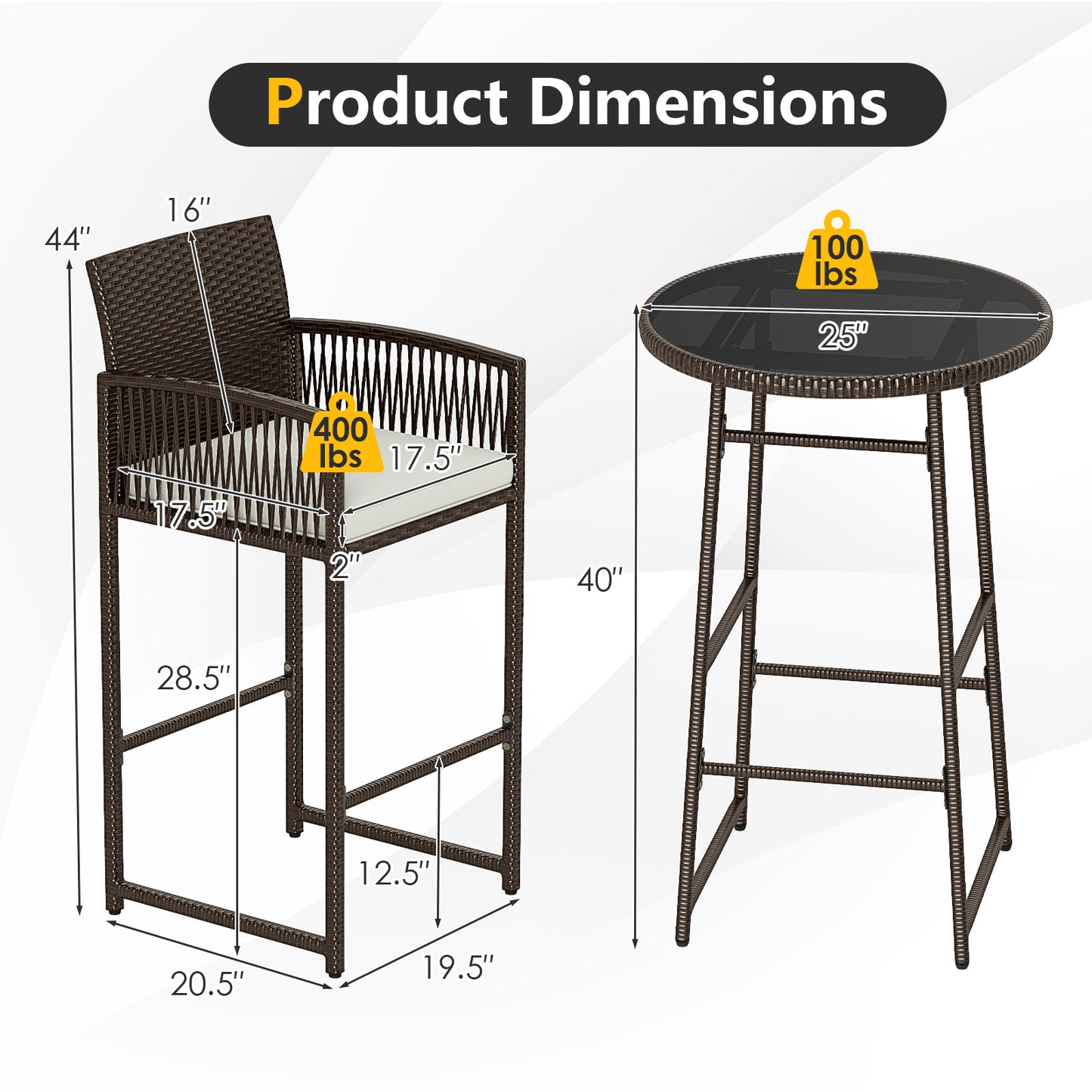 3-Piece Outdoor Patio Bar Set with Wicker Table & Armchairs