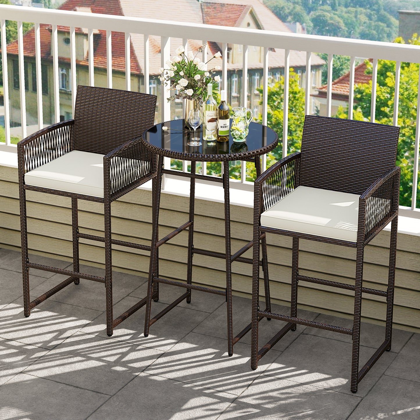 3-Piece Outdoor Patio Bar Set with Wicker Table & Armchairs