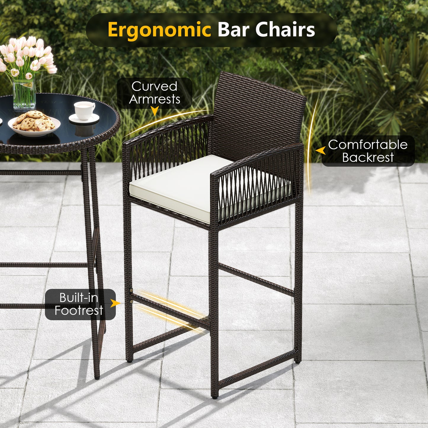 3-Piece Outdoor Patio Bar Set with Wicker Table & Armchairs