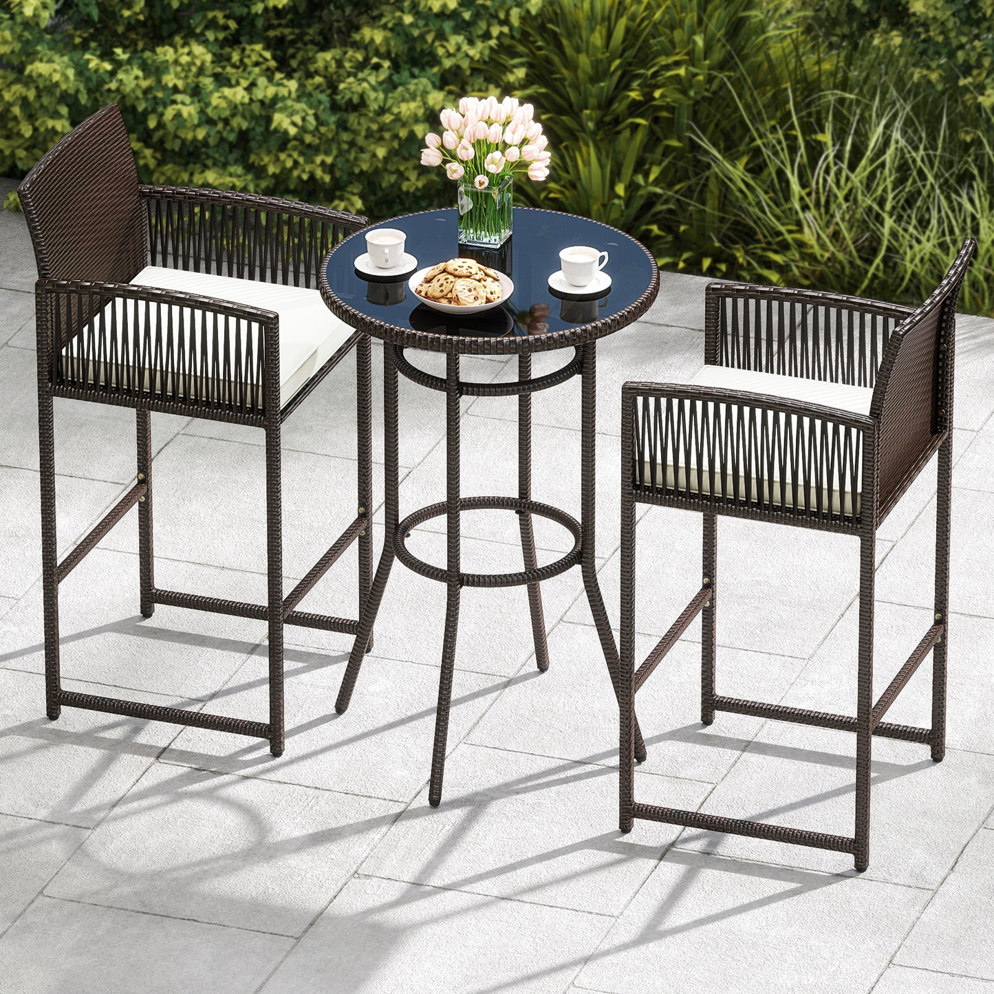 3-Piece Patio Bar Set with Round Table and Armchairs