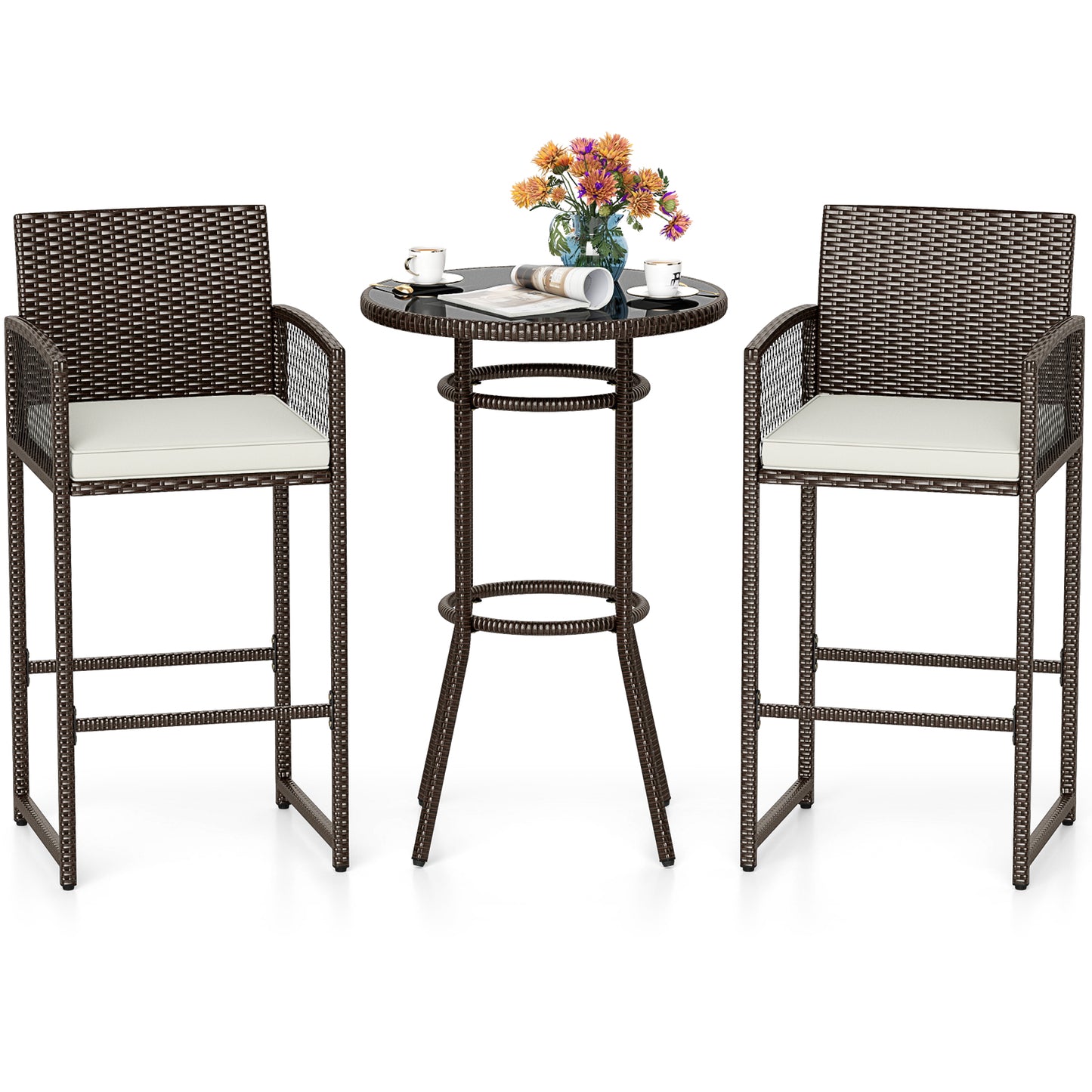 3-Piece Patio Bar Set with Round Table and Armchairs