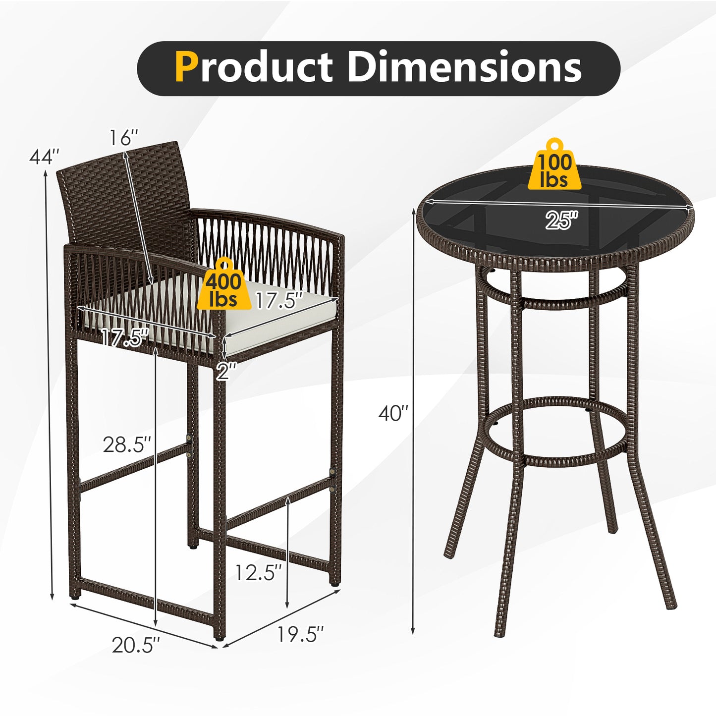 3-Piece Patio Bar Set with Round Table and Armchairs