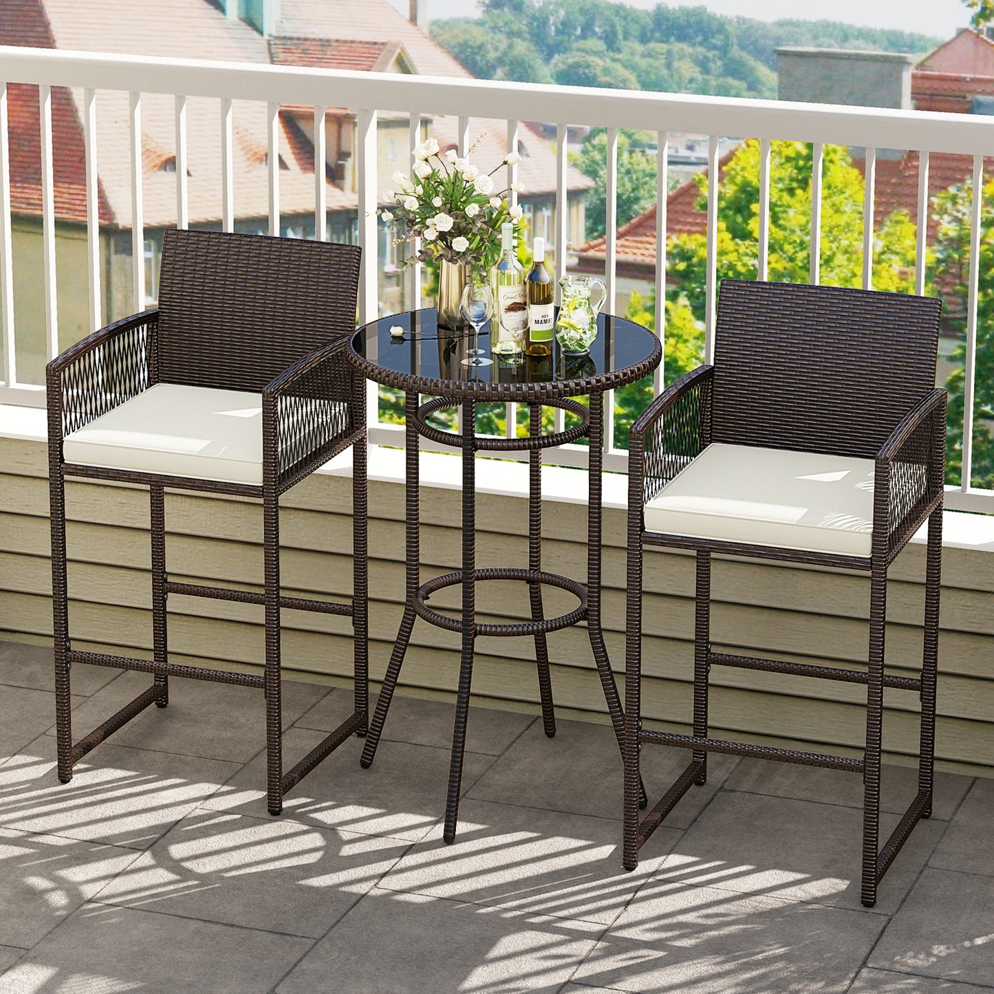 3-Piece Patio Bar Set with Round Table and Armchairs
