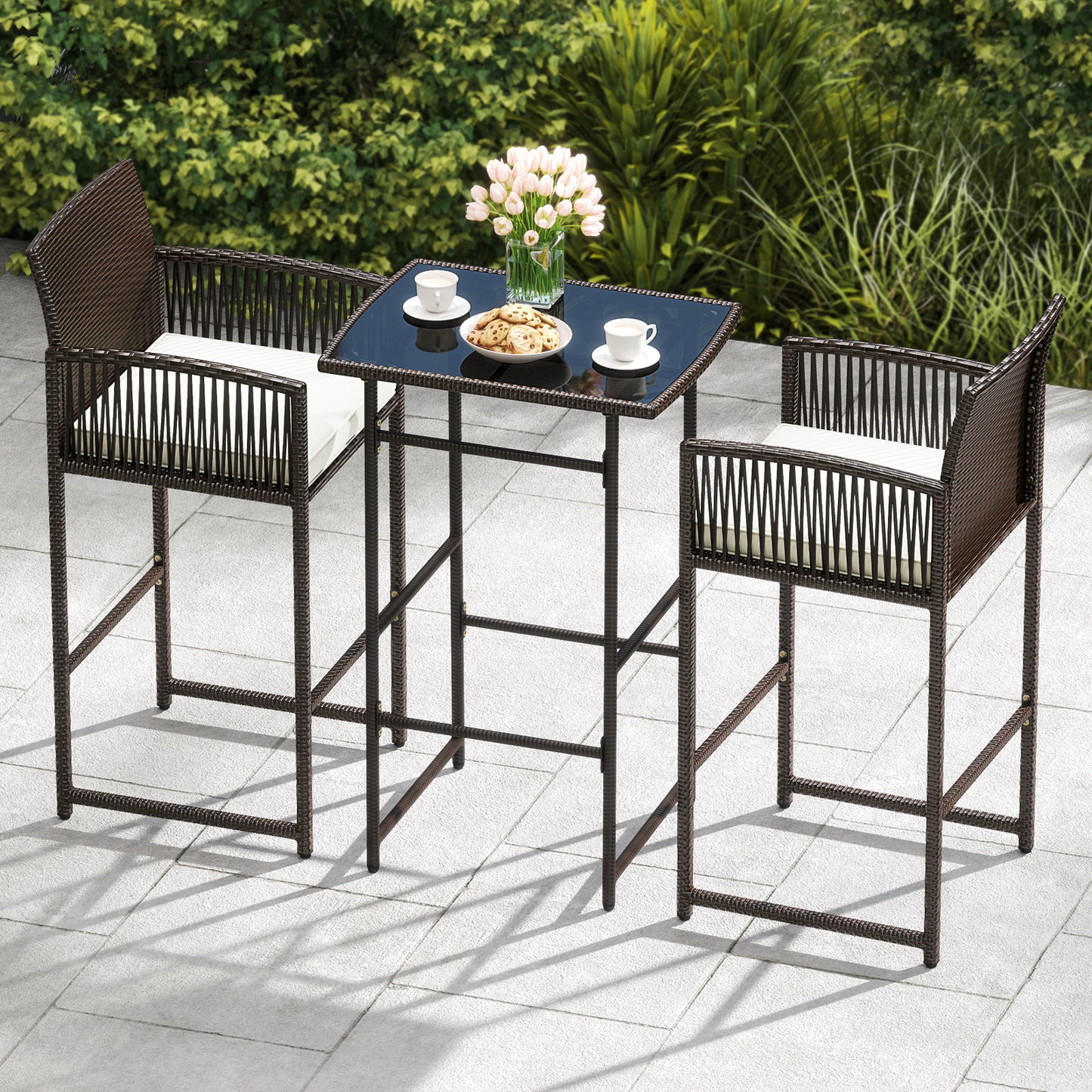 3-Piece Patio Bar Set with Wicker Table and Cushioned Chairs