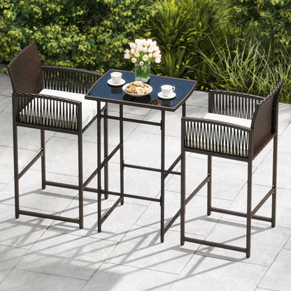 3-Piece Patio Bar Set with Wicker Table and Cushioned Chairs