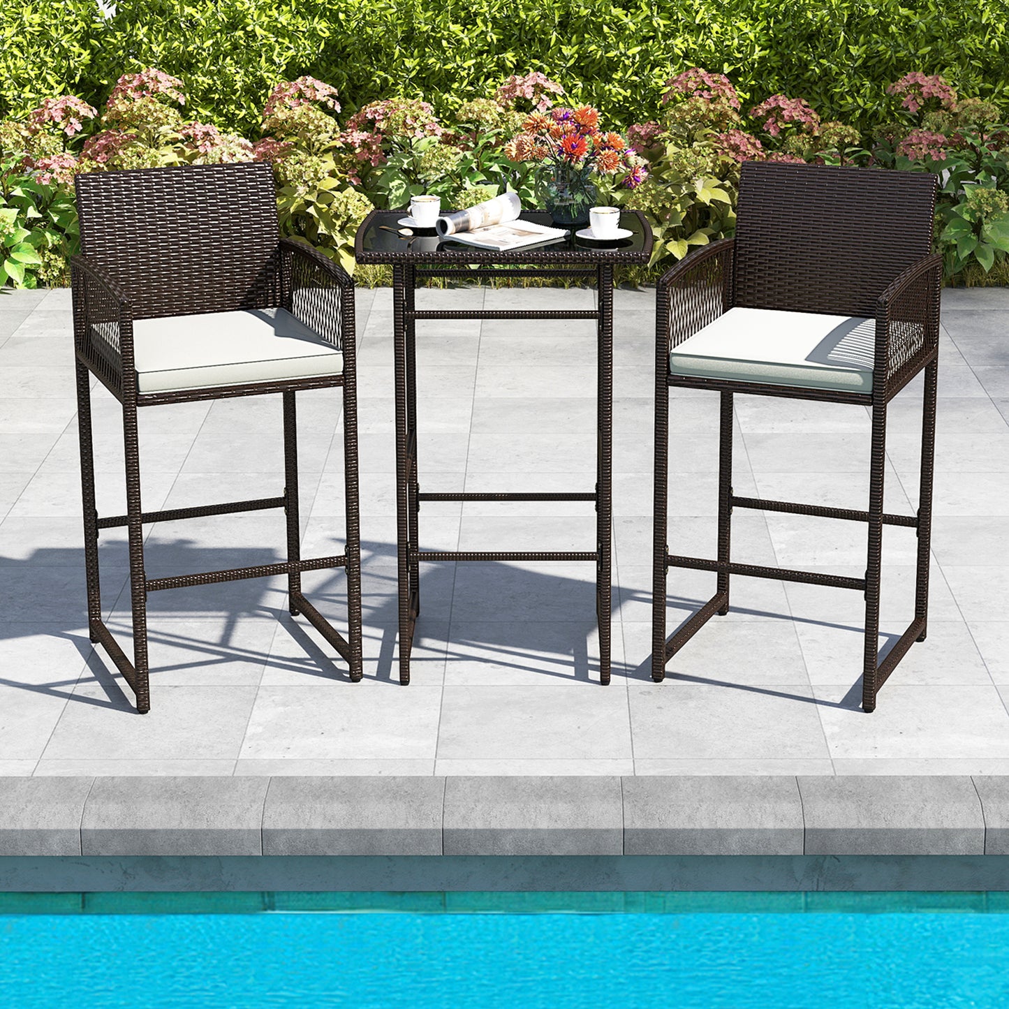 3-Piece Patio Bar Set with Wicker Table and Cushioned Chairs