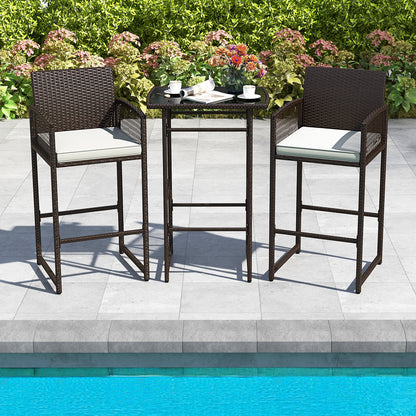 3-Piece Patio Bar Set with Wicker Table and Cushioned Chairs
