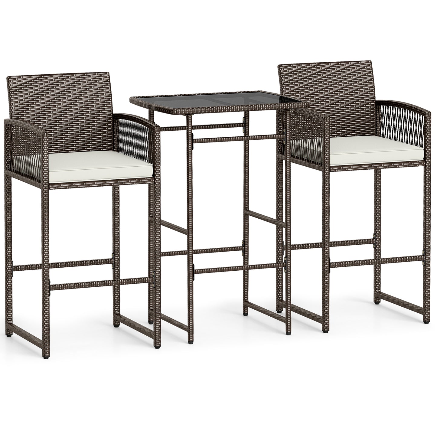 3-Piece Patio Bar Set with Wicker Table and Cushioned Chairs