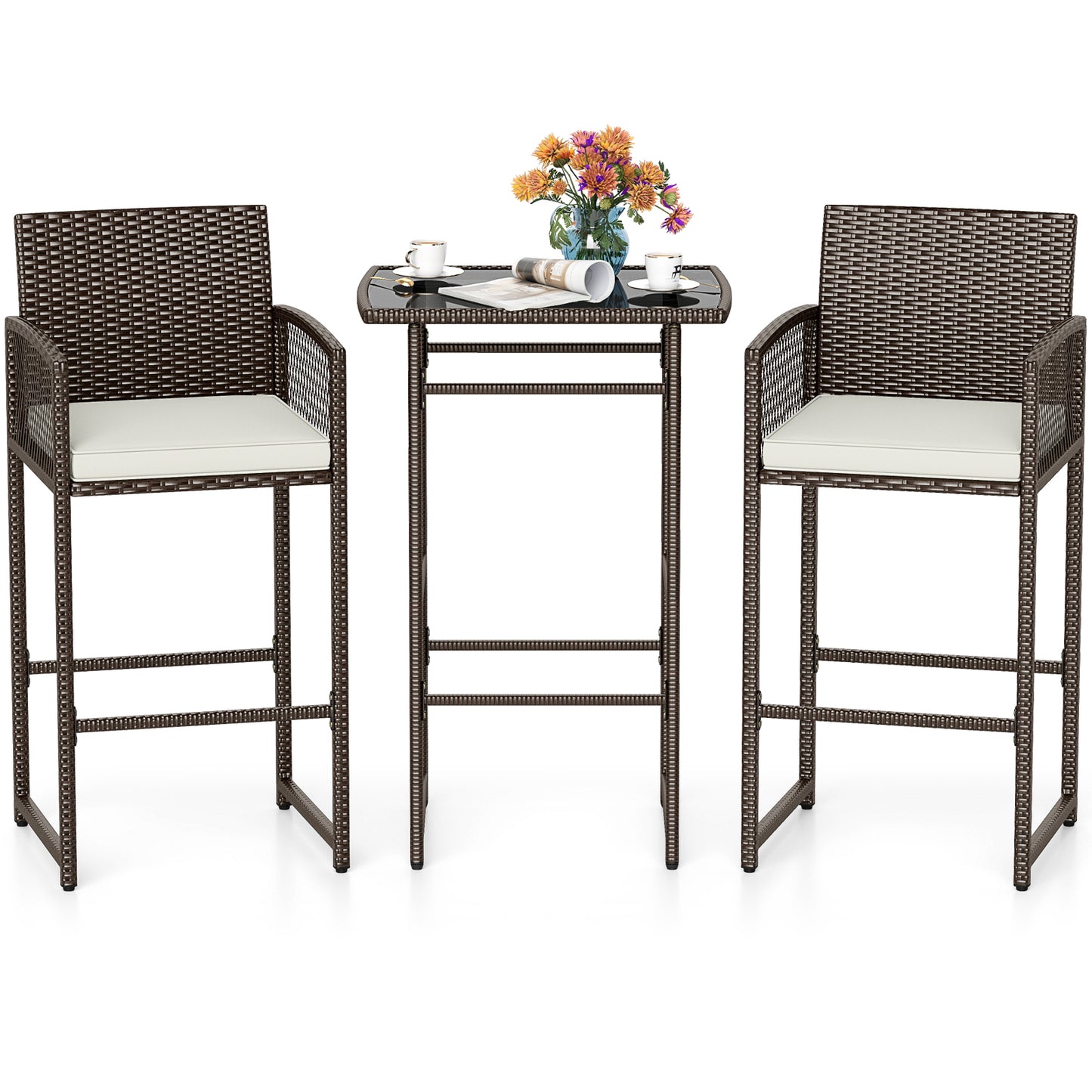 3-Piece Patio Bar Set with Wicker Table and Cushioned Chairs