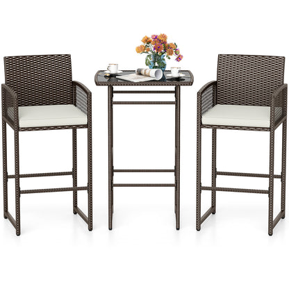 3-Piece Patio Bar Set with Wicker Table and Cushioned Chairs