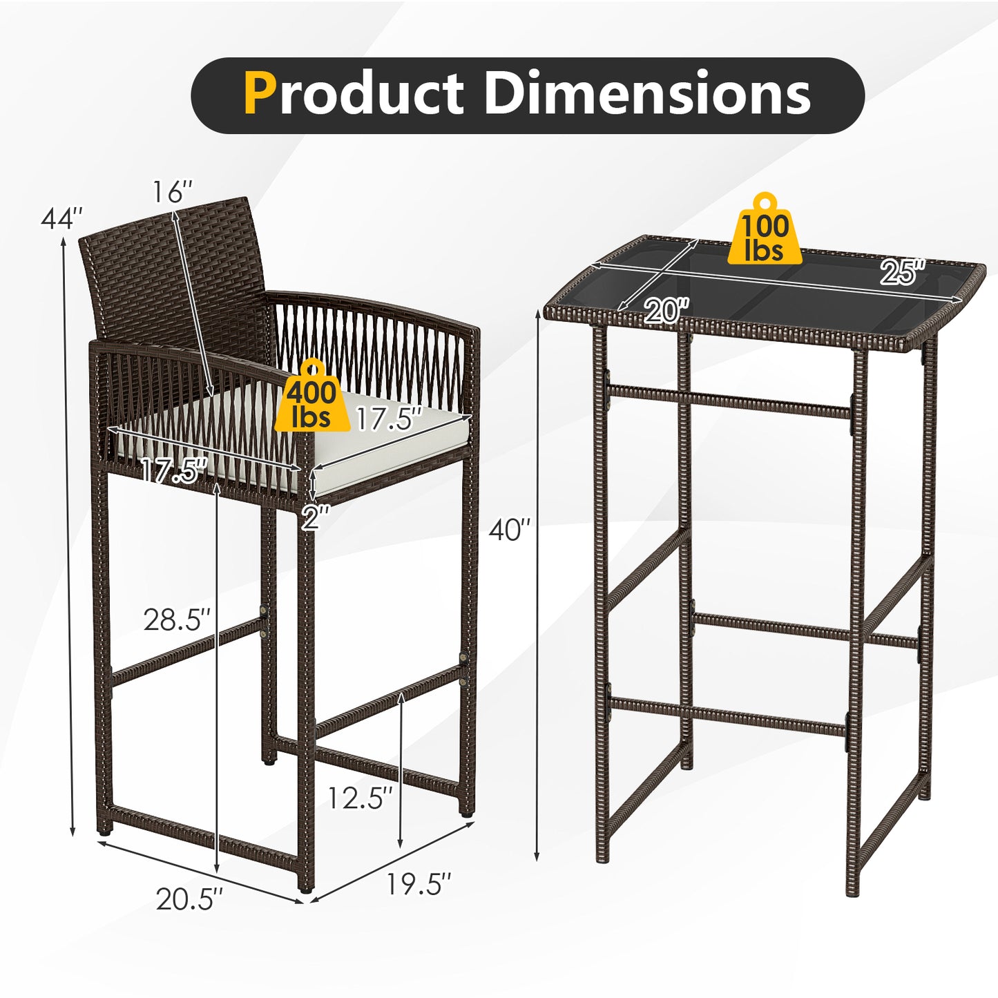 3-Piece Patio Bar Set with Wicker Table and Cushioned Chairs