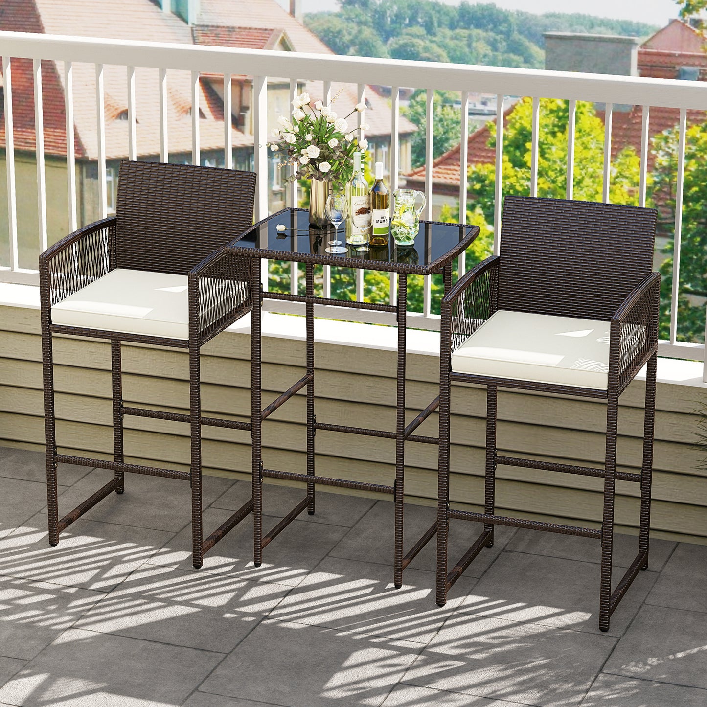 3-Piece Patio Bar Set with Wicker Table and Cushioned Chairs