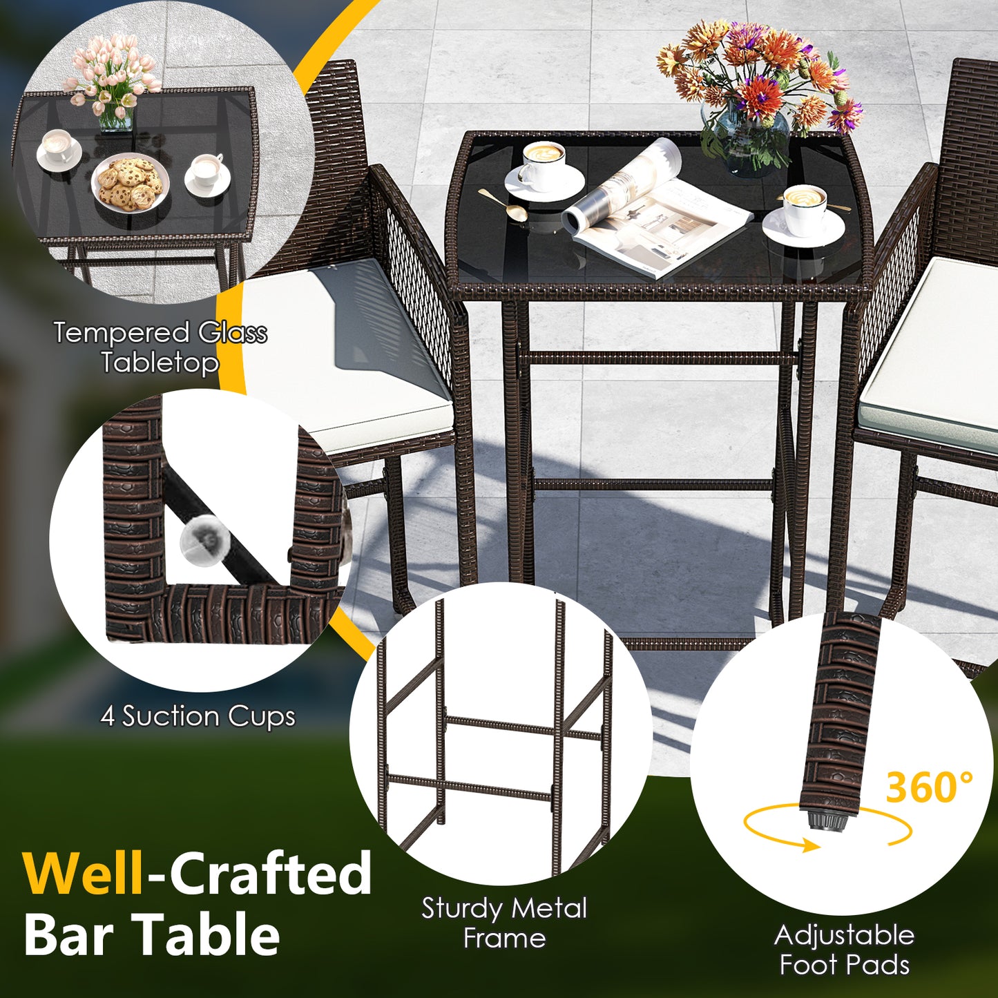 3-Piece Patio Bar Set with Wicker Table and Cushioned Chairs