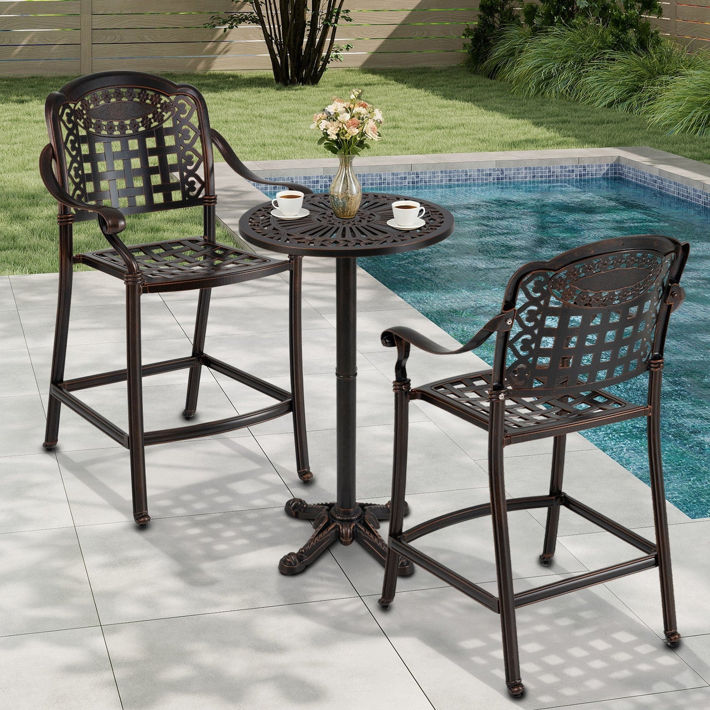 3 Piece Patio Bar Set Outdoor Cast Aluminum Round High Top Table 2 Counter Height Bar Stools