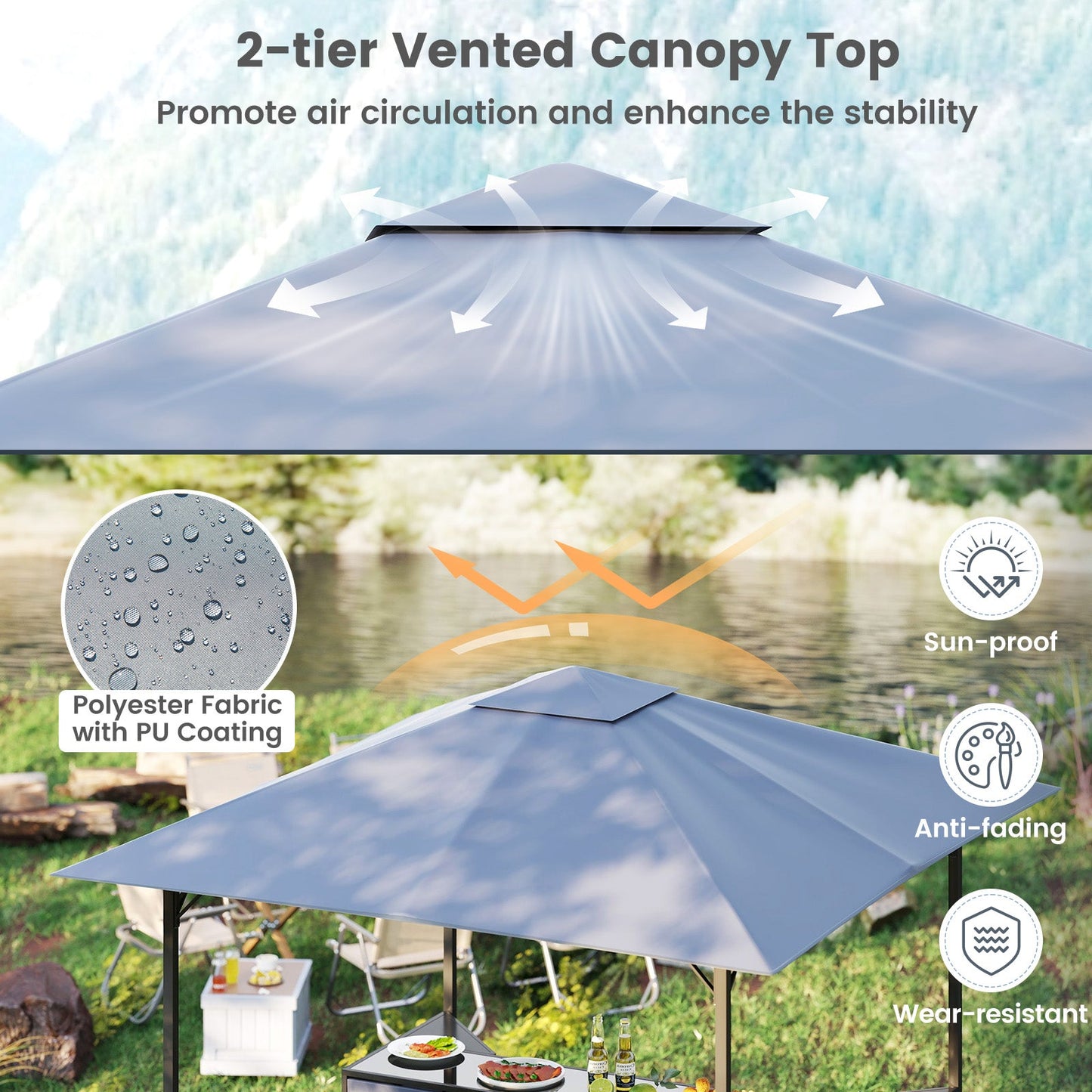 3-Piece Patio Bar Set 8 x 8 FT Double-Tier Grill Gazebo with 2 Bar Stools-Gray