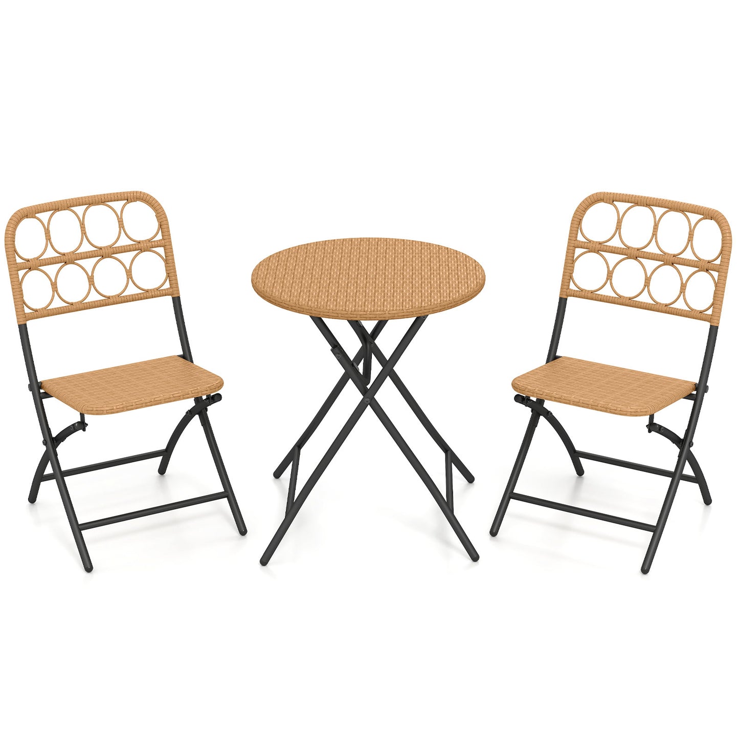 Folding Bistro Set 3-Piece with Wicker Rattan Chairs & Table