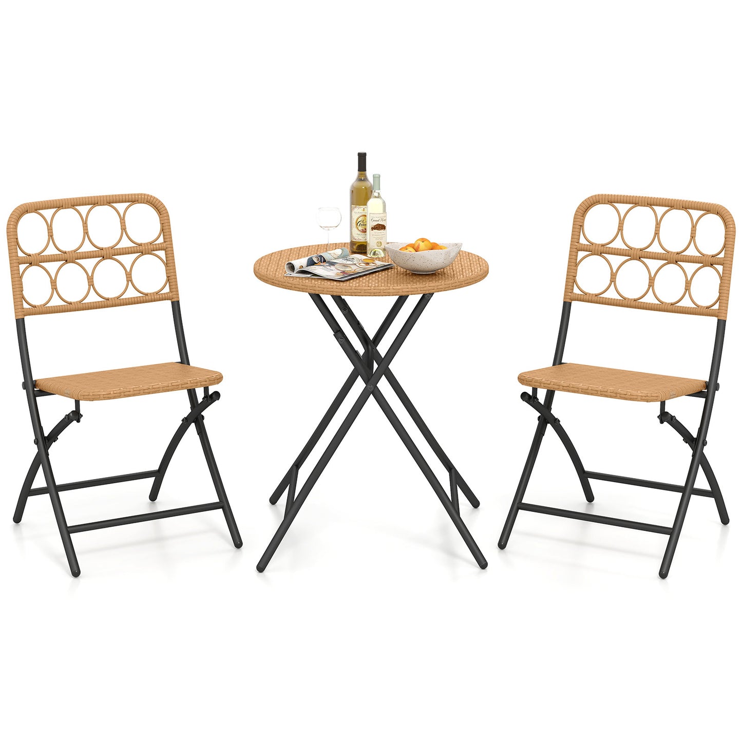 Folding Bistro Set 3-Piece with Wicker Rattan Chairs & Table