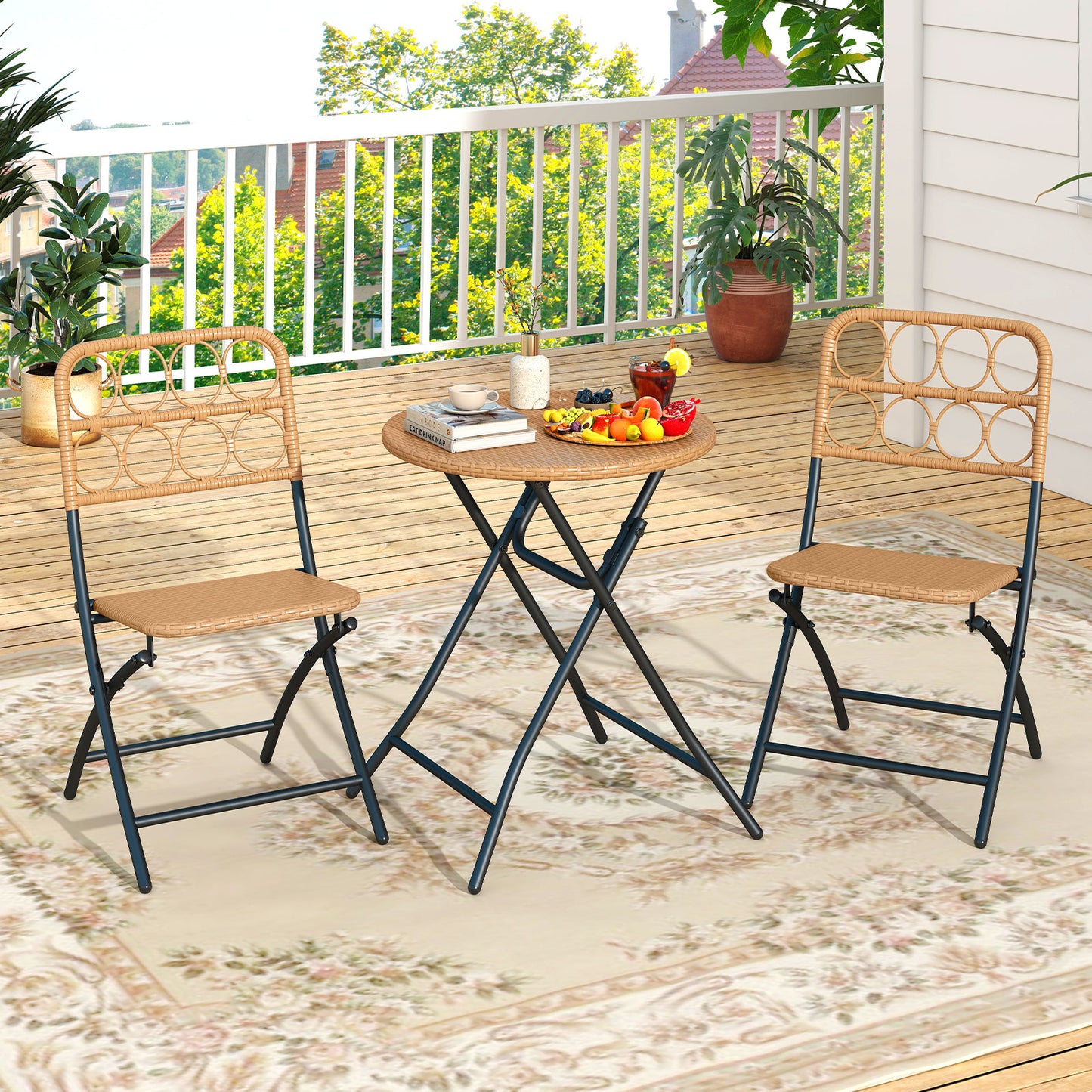 Folding Bistro Set 3-Piece with Wicker Rattan Chairs & Table