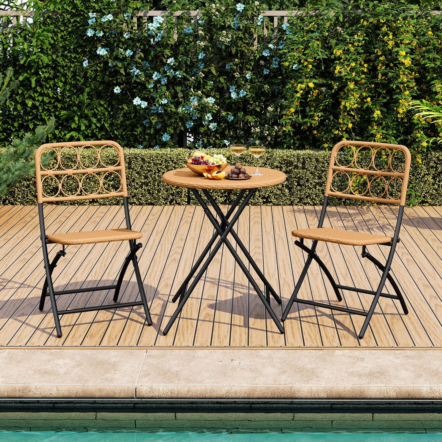 Folding Bistro Set 3-Piece with Wicker Rattan Chairs & Table