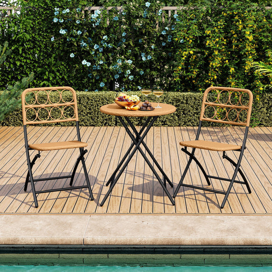 Folding Bistro Set 3-Piece with Wicker Rattan Chairs & Table