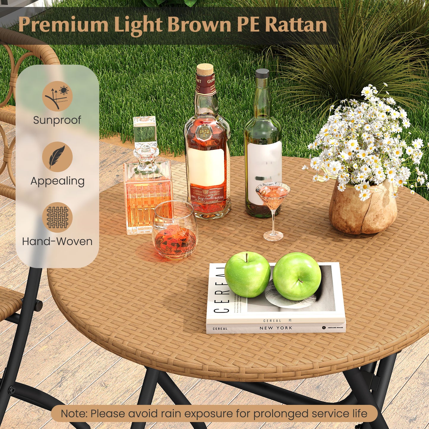 Folding Bistro Set 3-Piece with Wicker Rattan Chairs & Table