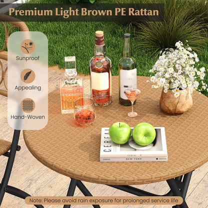 Folding Bistro Set 3-Piece with Wicker Rattan Chairs & Table