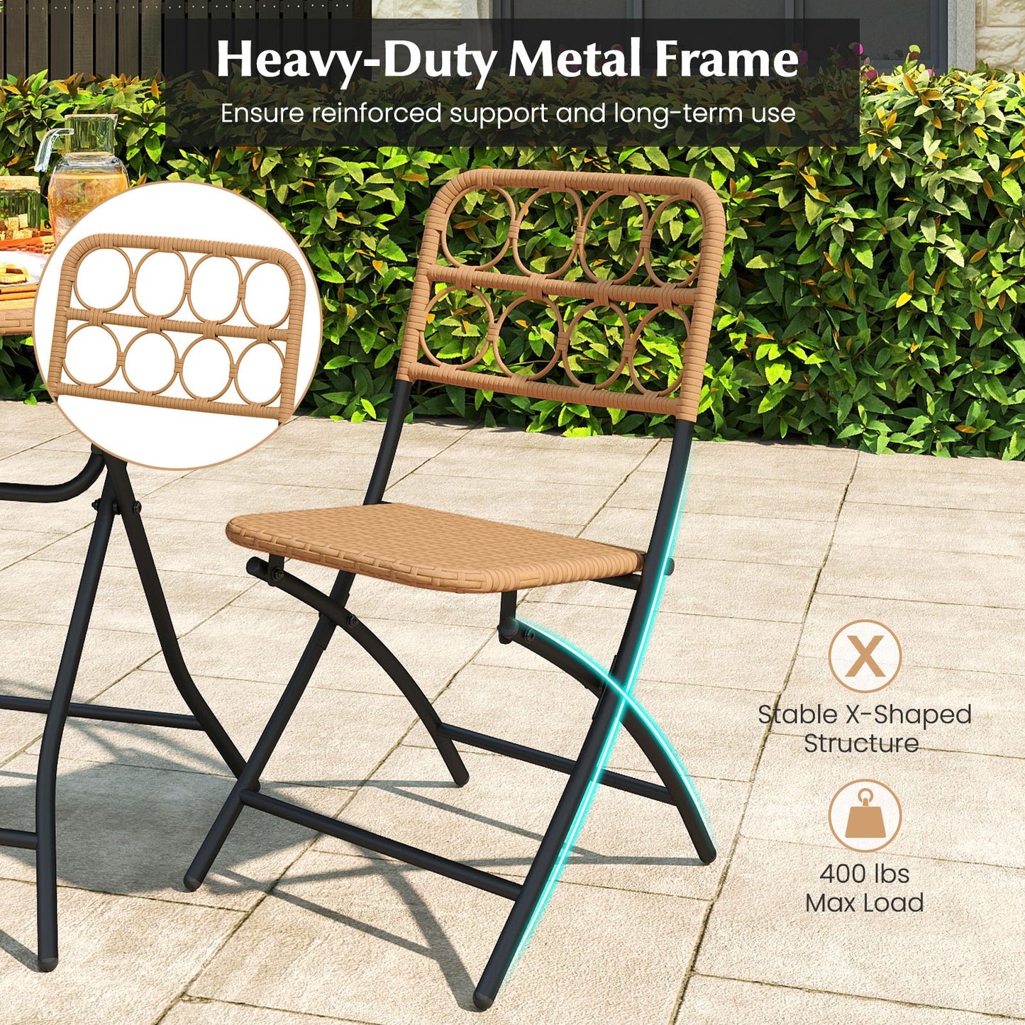 Folding Bistro Set 3-Piece with Wicker Rattan Chairs & Table