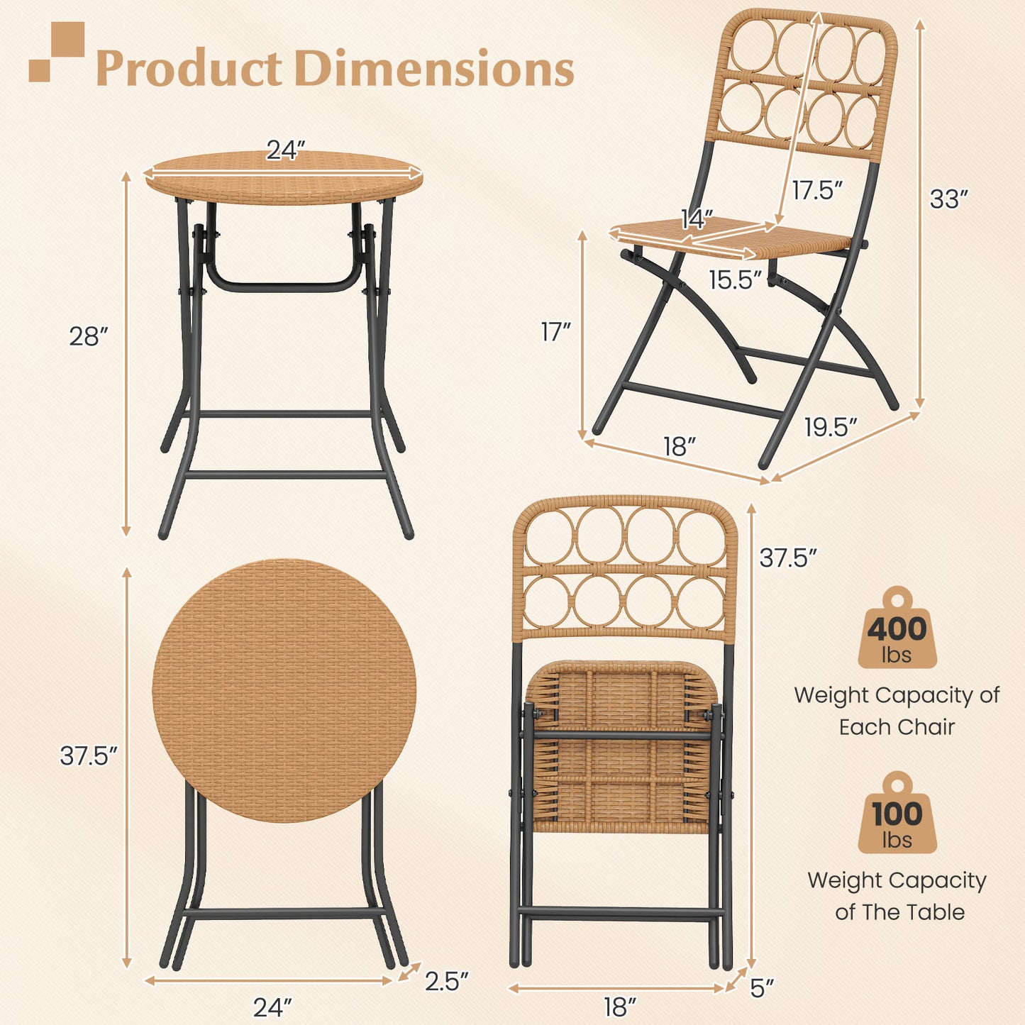 Folding Bistro Set 3-Piece with Wicker Rattan Chairs & Table