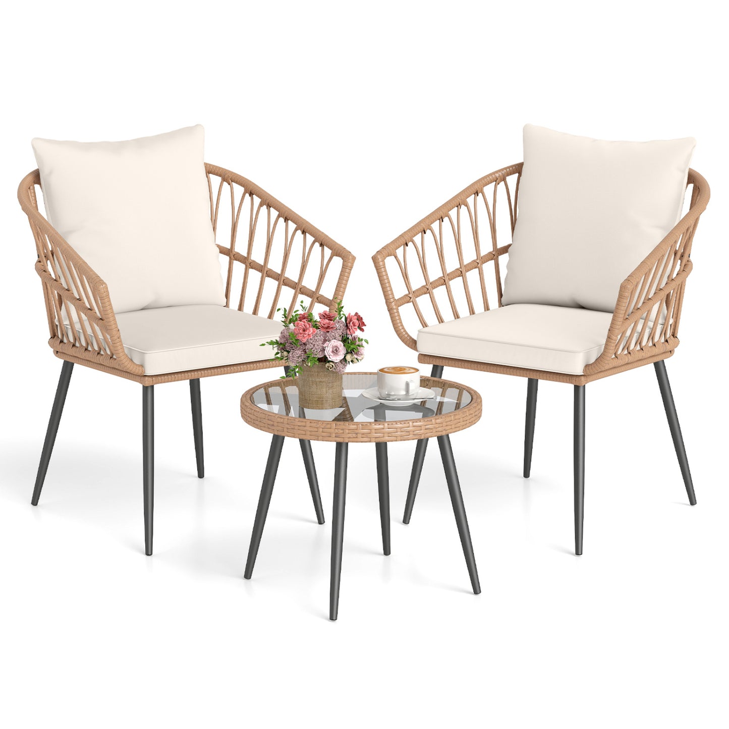 3-Piece Patio Bistro Set with Rattan Chairs & Glass Table