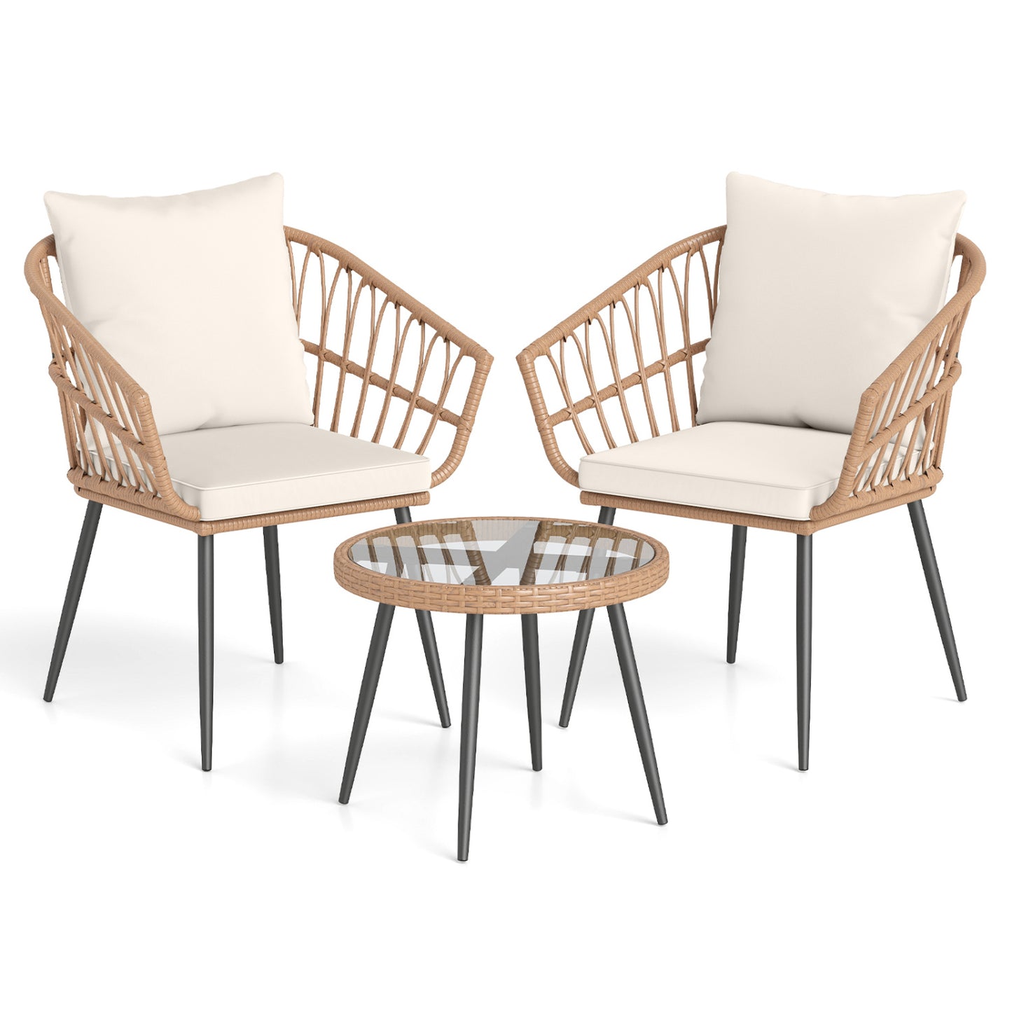 3-Piece Patio Bistro Set with Rattan Chairs & Glass Table