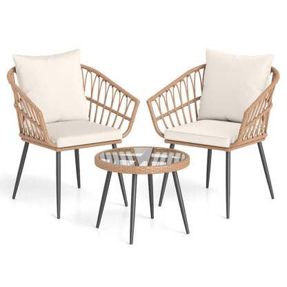 3-Piece Patio Bistro Set with Rattan Chairs & Glass Table
