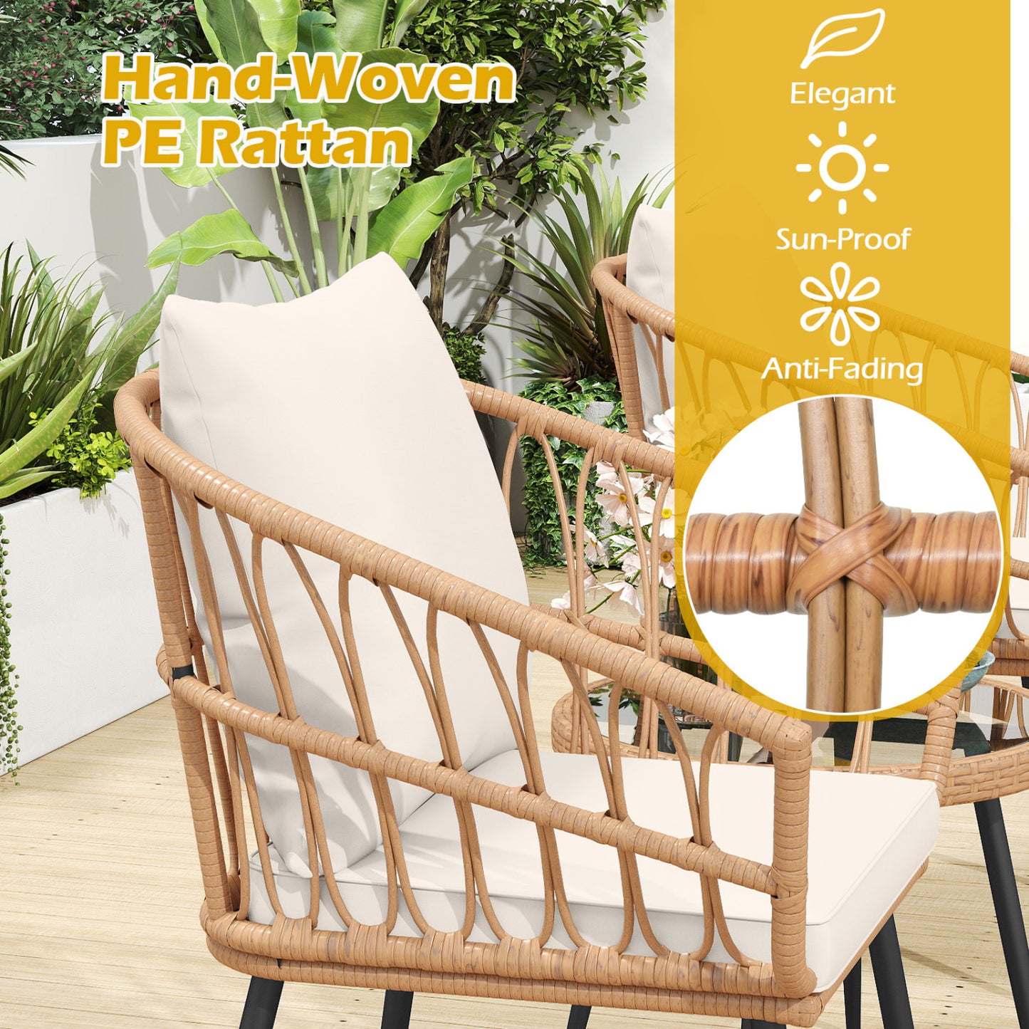 3-Piece Patio Bistro Set with Rattan Chairs & Glass Table