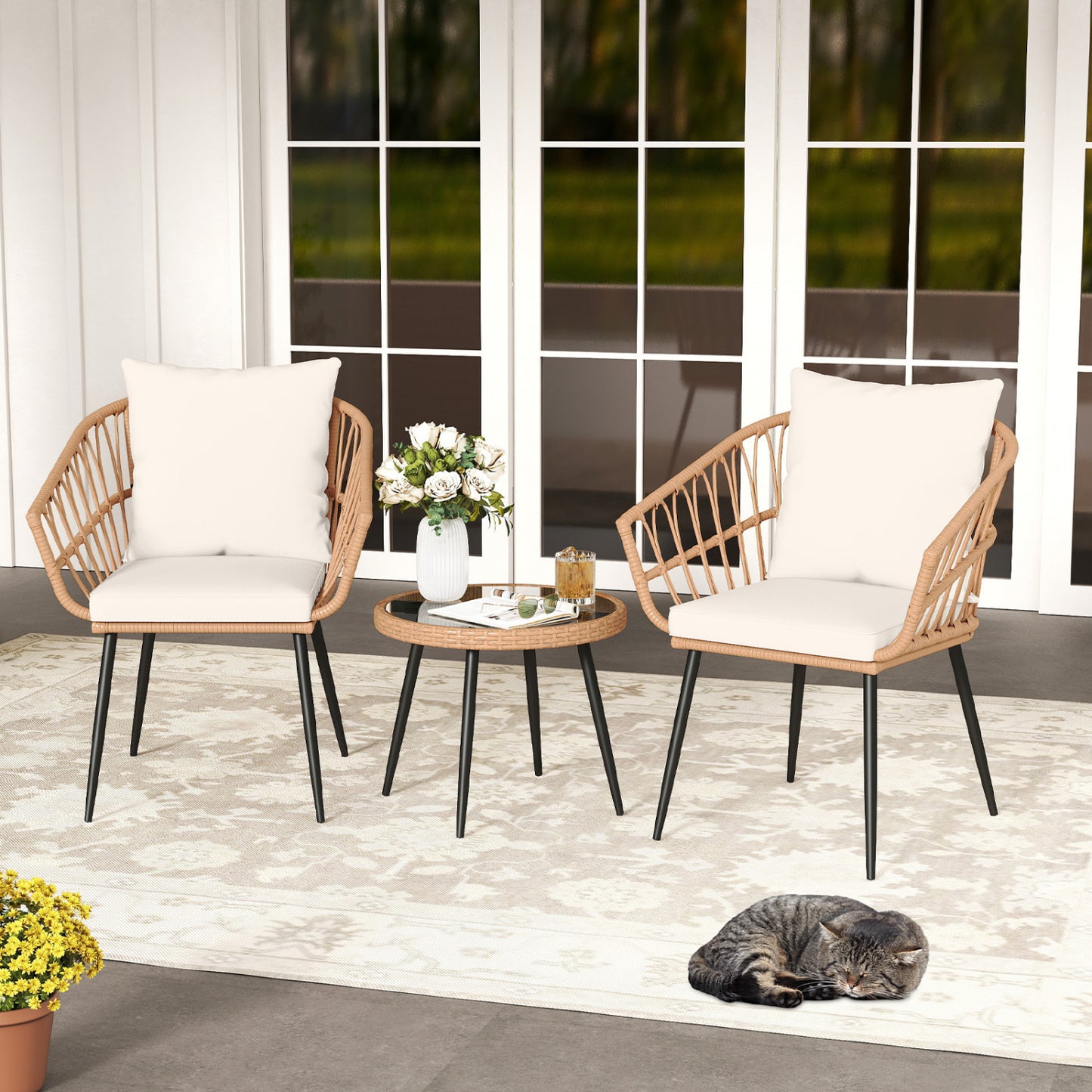 3-Piece Patio Bistro Set with Rattan Chairs & Glass Table