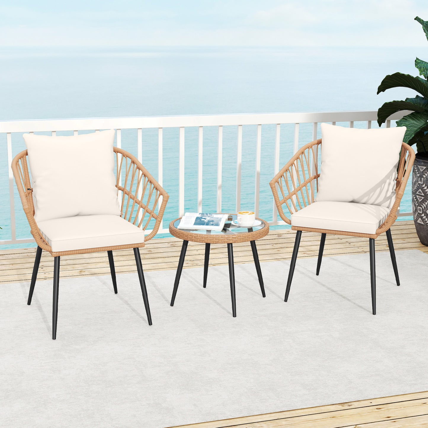3-Piece Patio Bistro Set with Rattan Chairs & Glass Table
