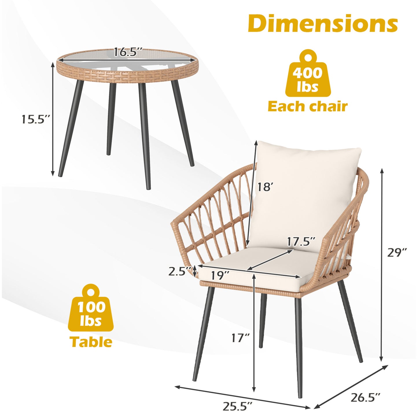 3-Piece Patio Bistro Set with Rattan Chairs & Glass Table
