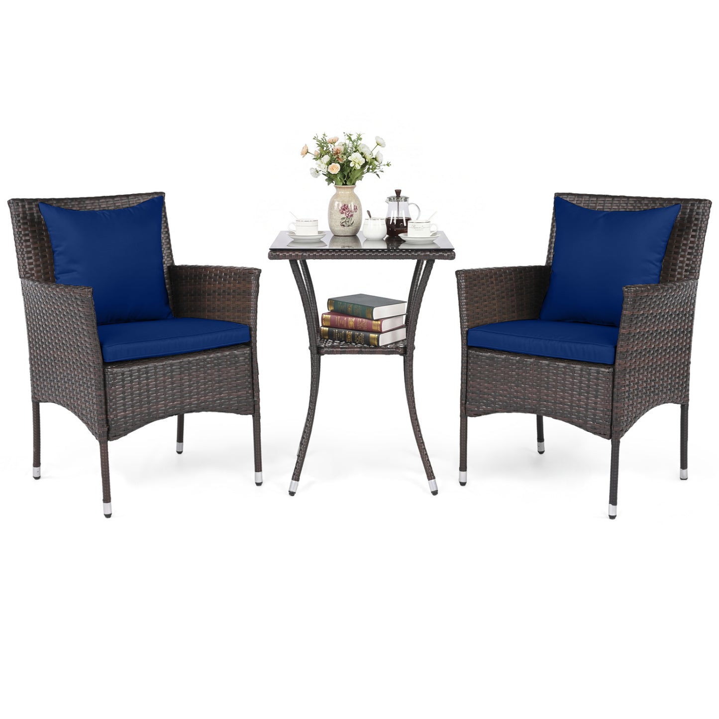 3-Piece Patio Conversation Set with Cushioned Chairs & Glass Table