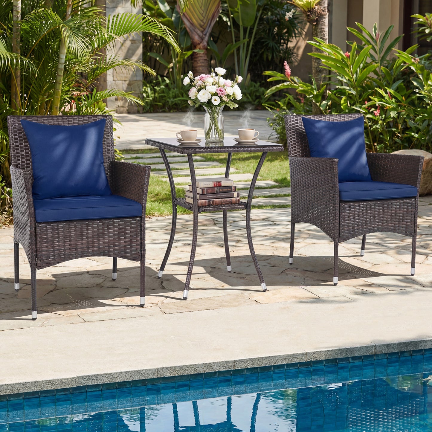 3-Piece Patio Conversation Set with Cushioned Chairs & Glass Table
