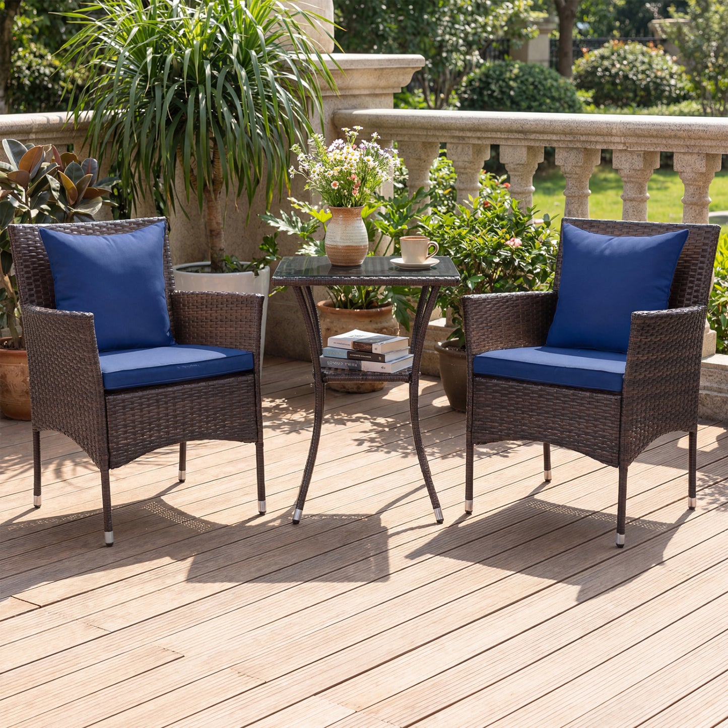 3-Piece Patio Conversation Set with Cushioned Chairs & Glass Table