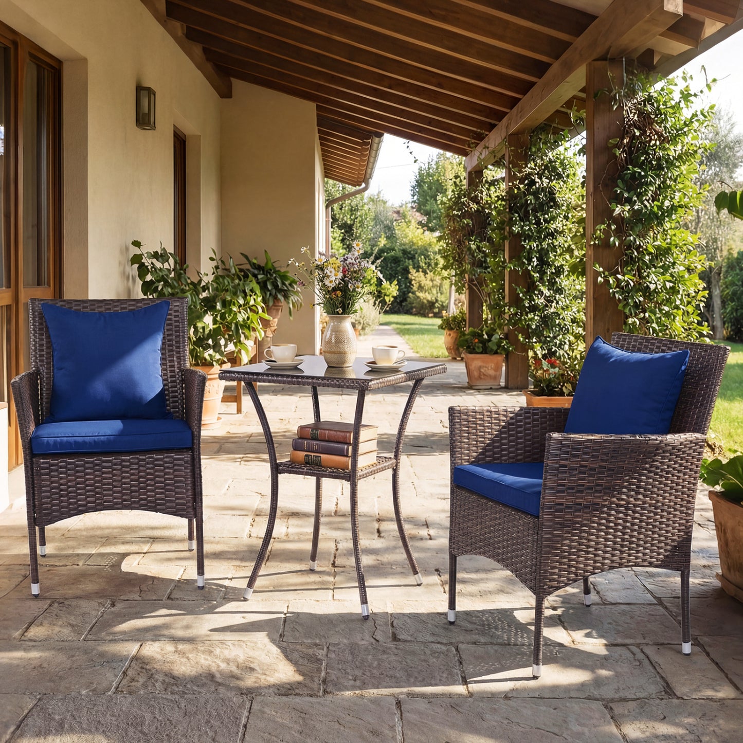 3-Piece Patio Conversation Set with Cushioned Chairs & Glass Table