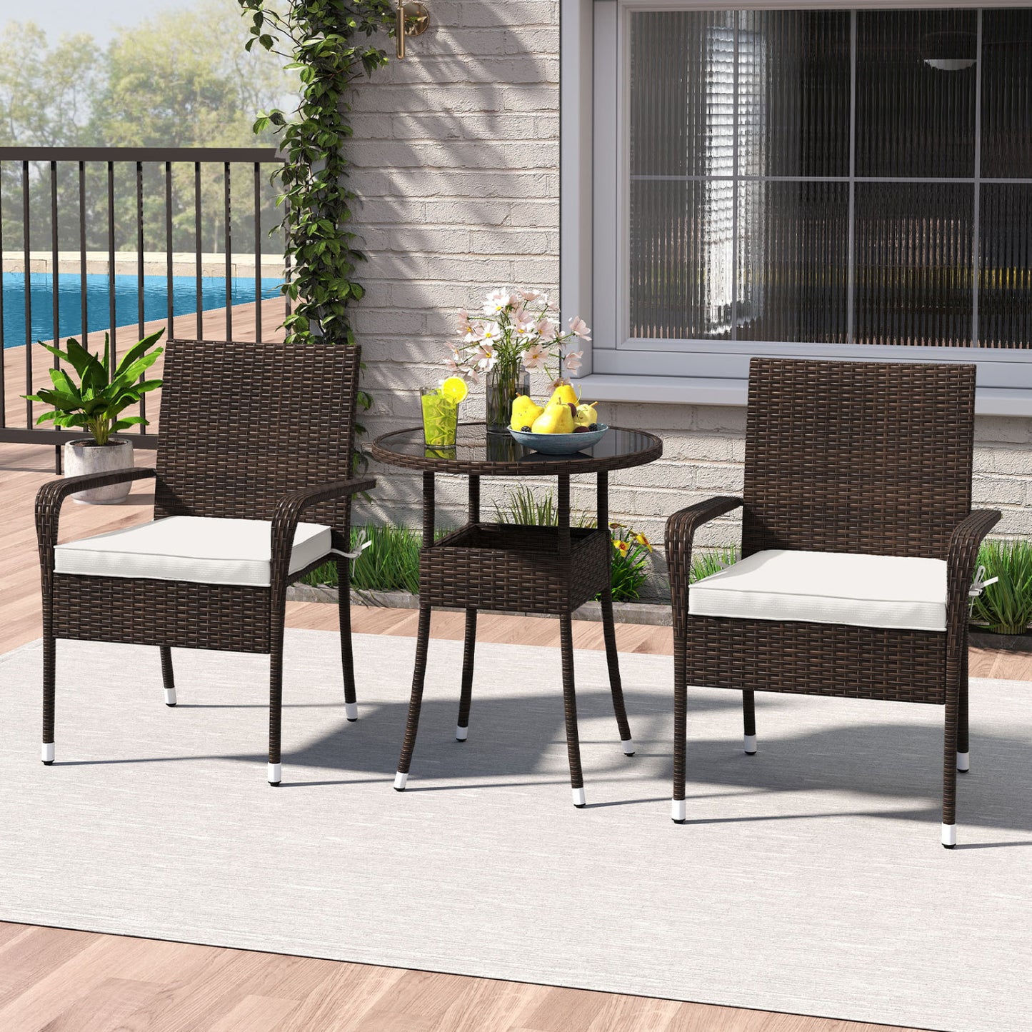 3-Piece Patio Conversation Set with Tempered Glass Table