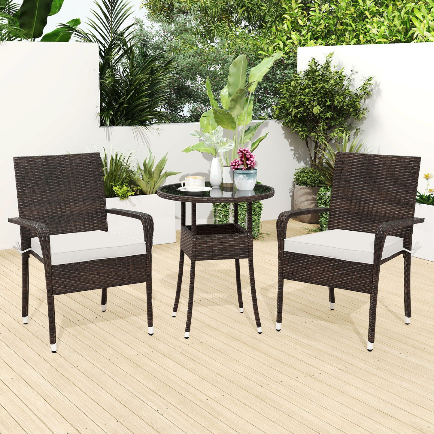 3-Piece Patio Conversation Set with Tempered Glass Table